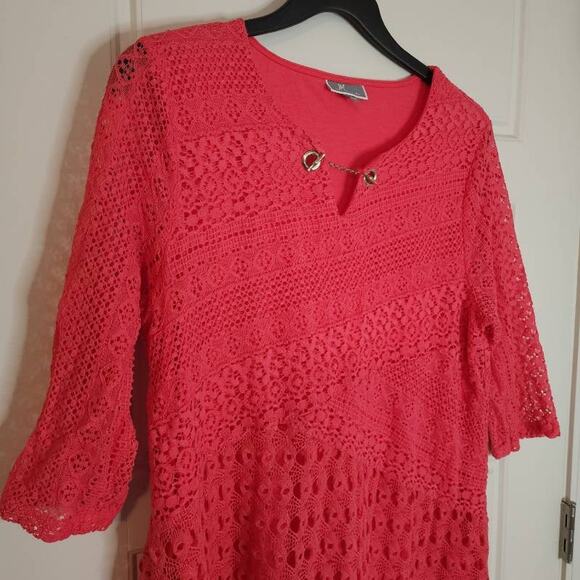 JM Collection Women's Top Large Lace Shell on Lining 3/4 Sleeve Gold Chain Neck - Picture 3 of 11